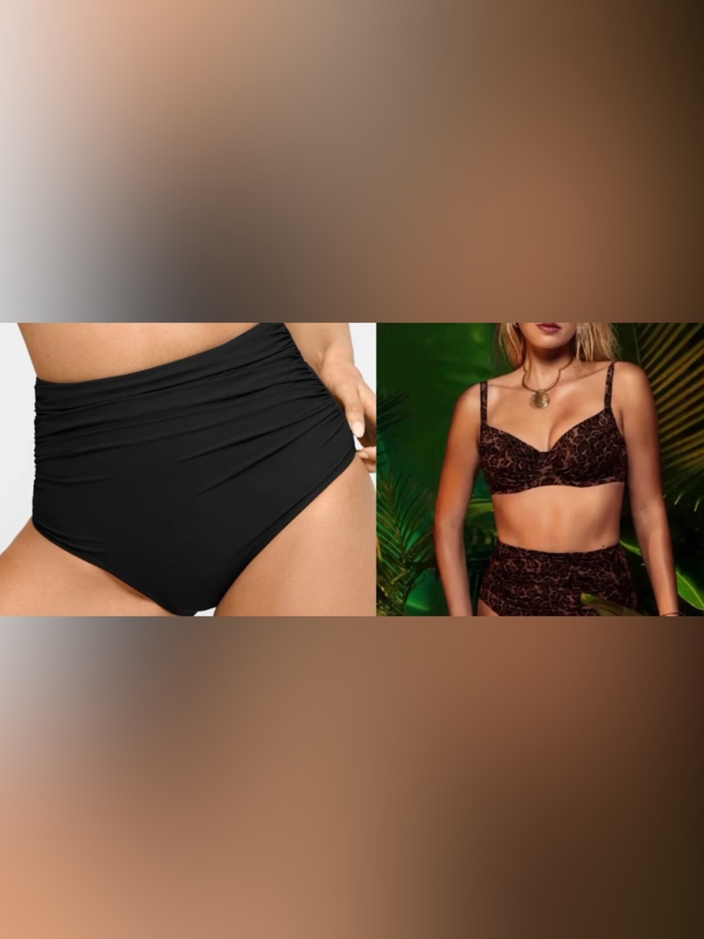 Black High-Waist Bikini Bottom & Dark Animal Print Bikini Top Set new no tag  L,